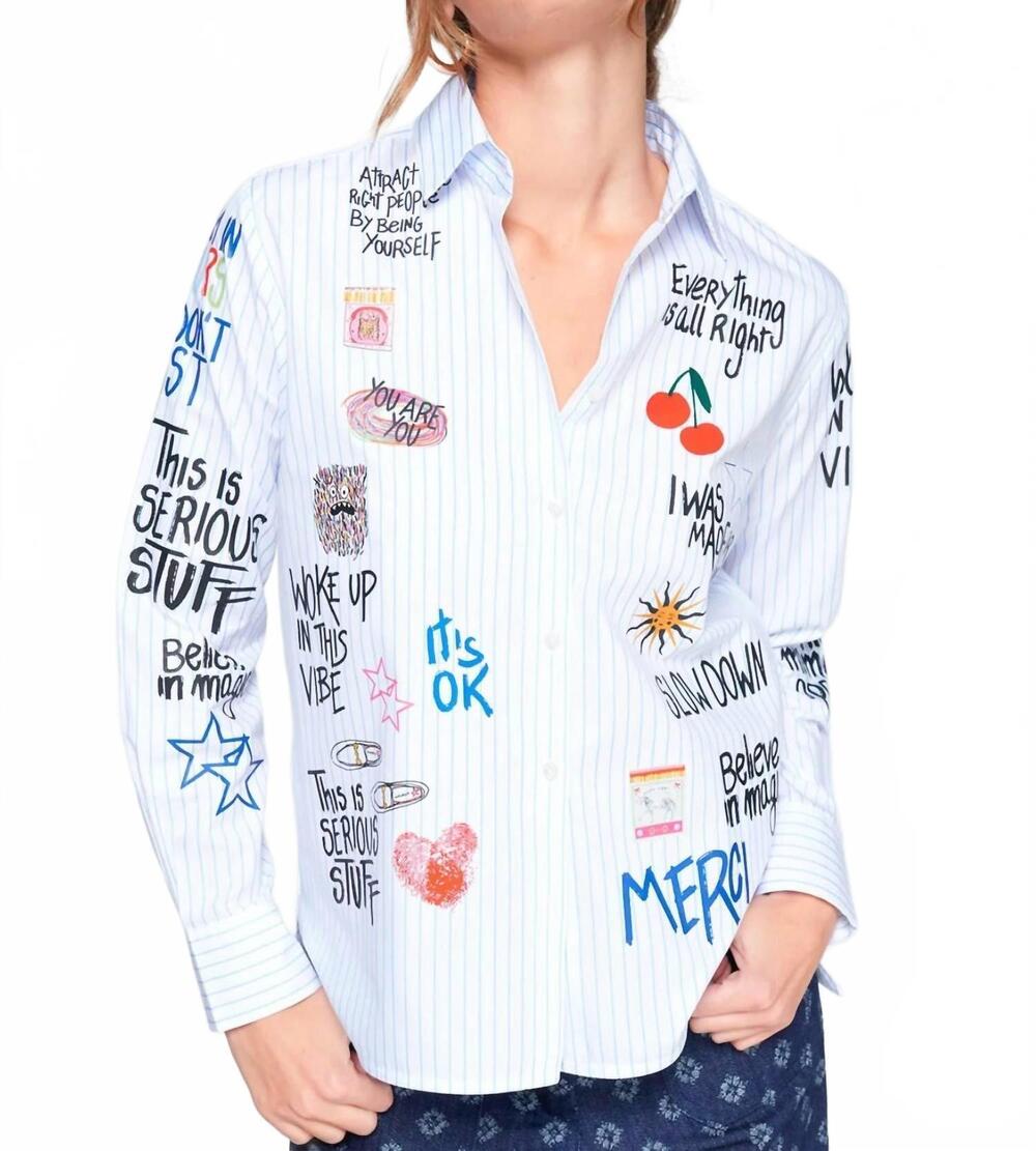 NEW VILAGALLO striped graffiti blouse in white / blue / multi
